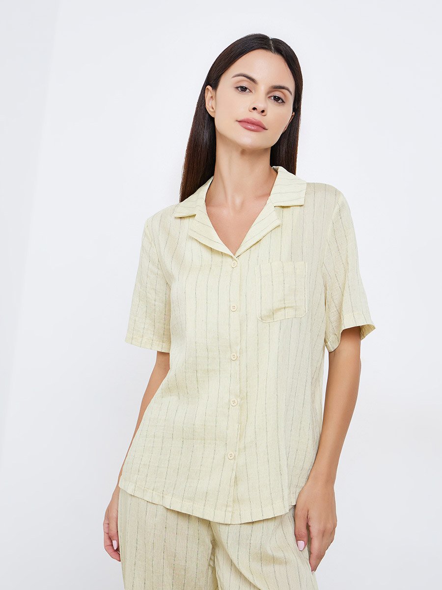 Textured Striped Buttoned Viscose Shirt and Pyjama Set