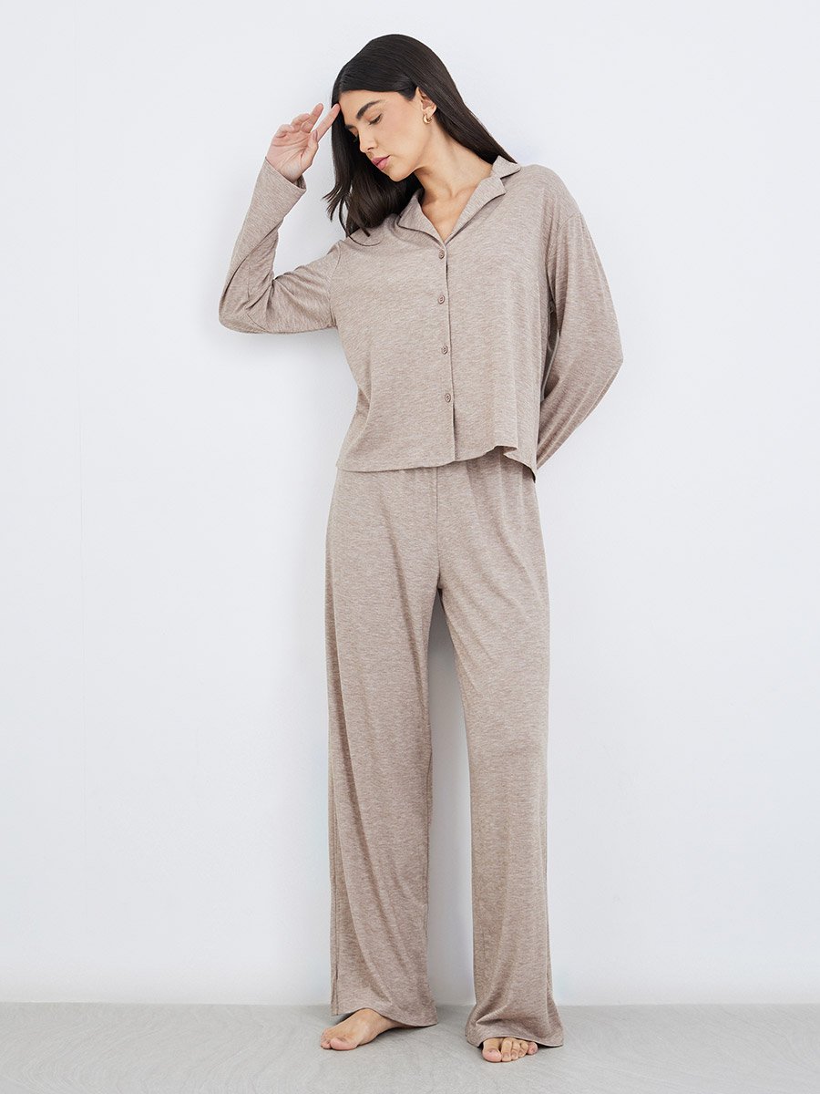 Melange Long Sleeve Shirt and Wide Leg Pyjama Set