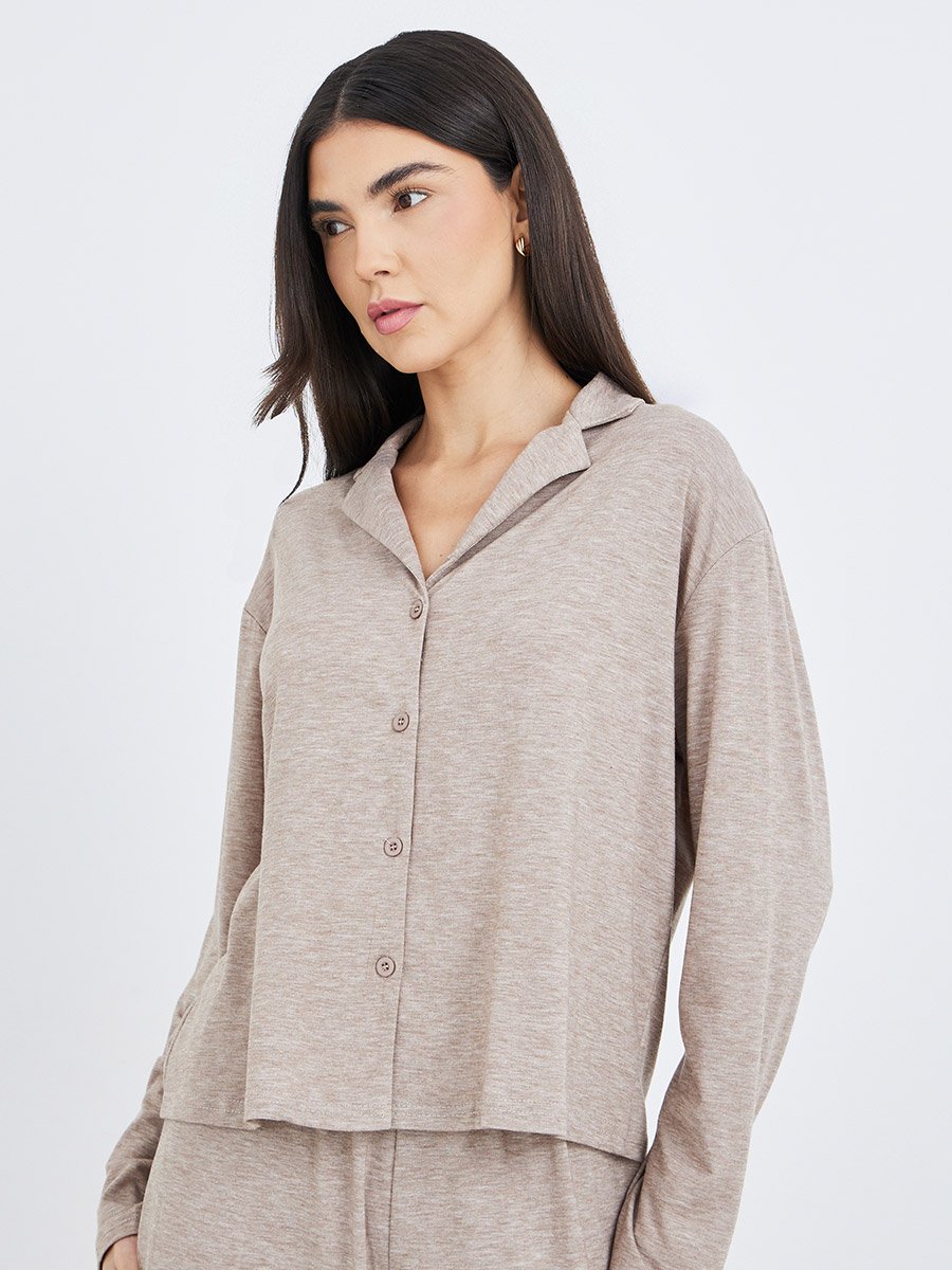 Melange Long Sleeve Shirt and Wide Leg Pyjama Set