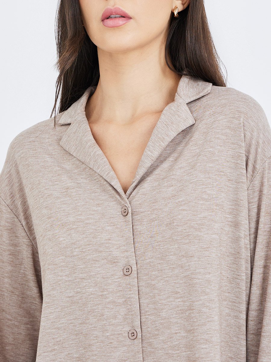 Melange Long Sleeve Shirt and Wide Leg Pyjama Set