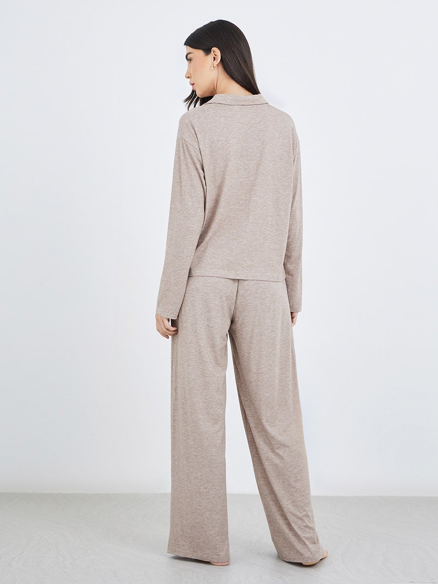 Melange Long Sleeve Shirt and Wide Leg Pyjama Set