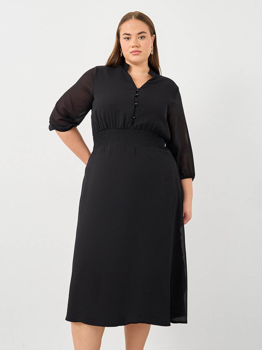 Plus A-Line Midi Dress with 3/4 Sleeves