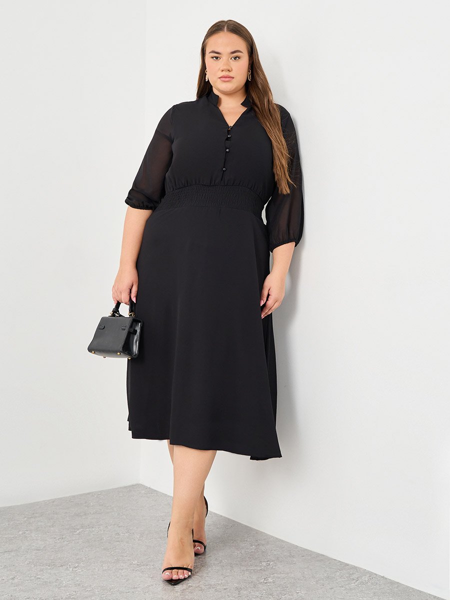 Plus A-Line Midi Dress with 3/4 Sleeves
