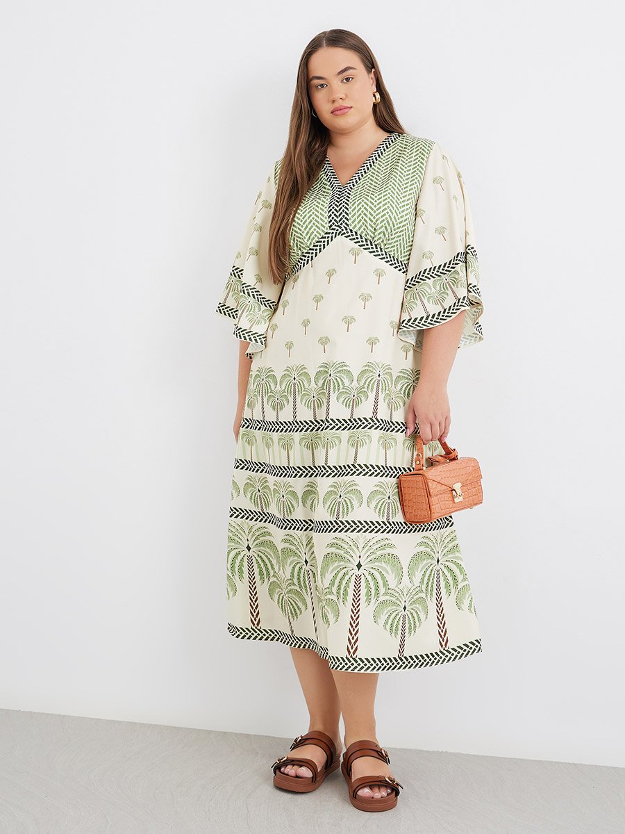 Plus Kaftan Midi Dress with Tropical Print