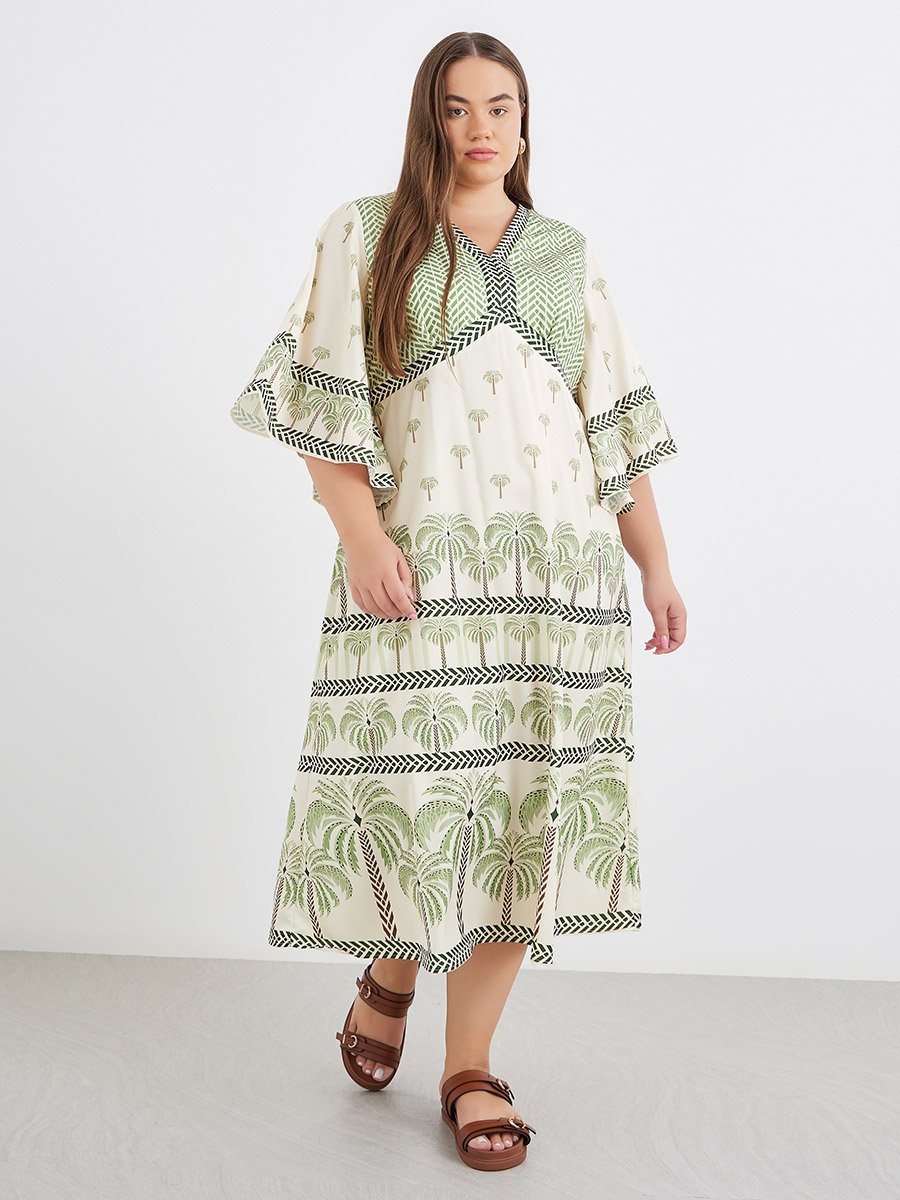 Plus Kaftan Midi Dress with Tropical Print