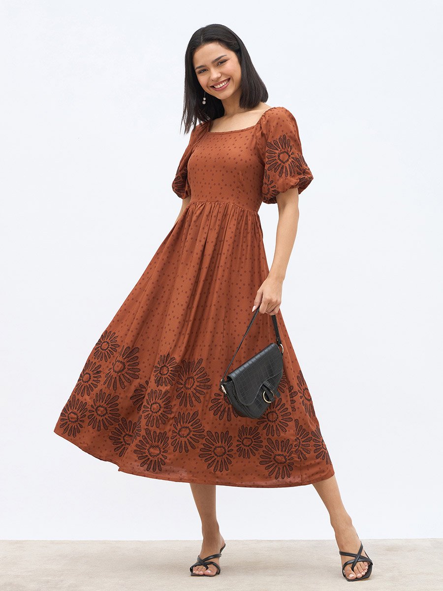 Embroidered Puff Sleeves A-Line Midi Dress