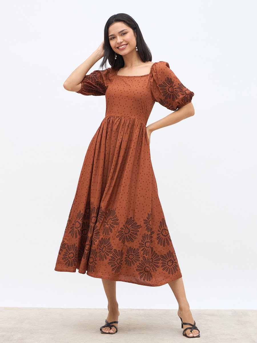 Embroidered Puff Sleeves A-Line Midi Dress