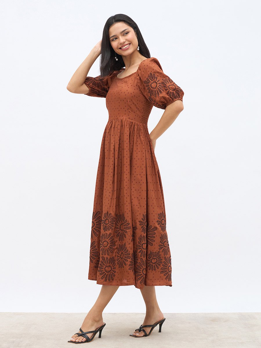 Embroidered Puff Sleeves A-Line Midi Dress
