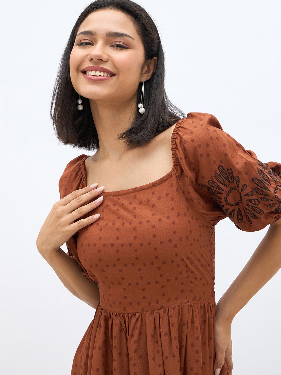 Embroidered Puff Sleeves A-Line Midi Dress