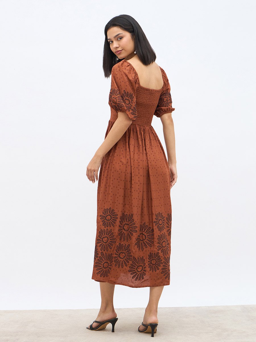 Embroidered Puff Sleeves A-Line Midi Dress