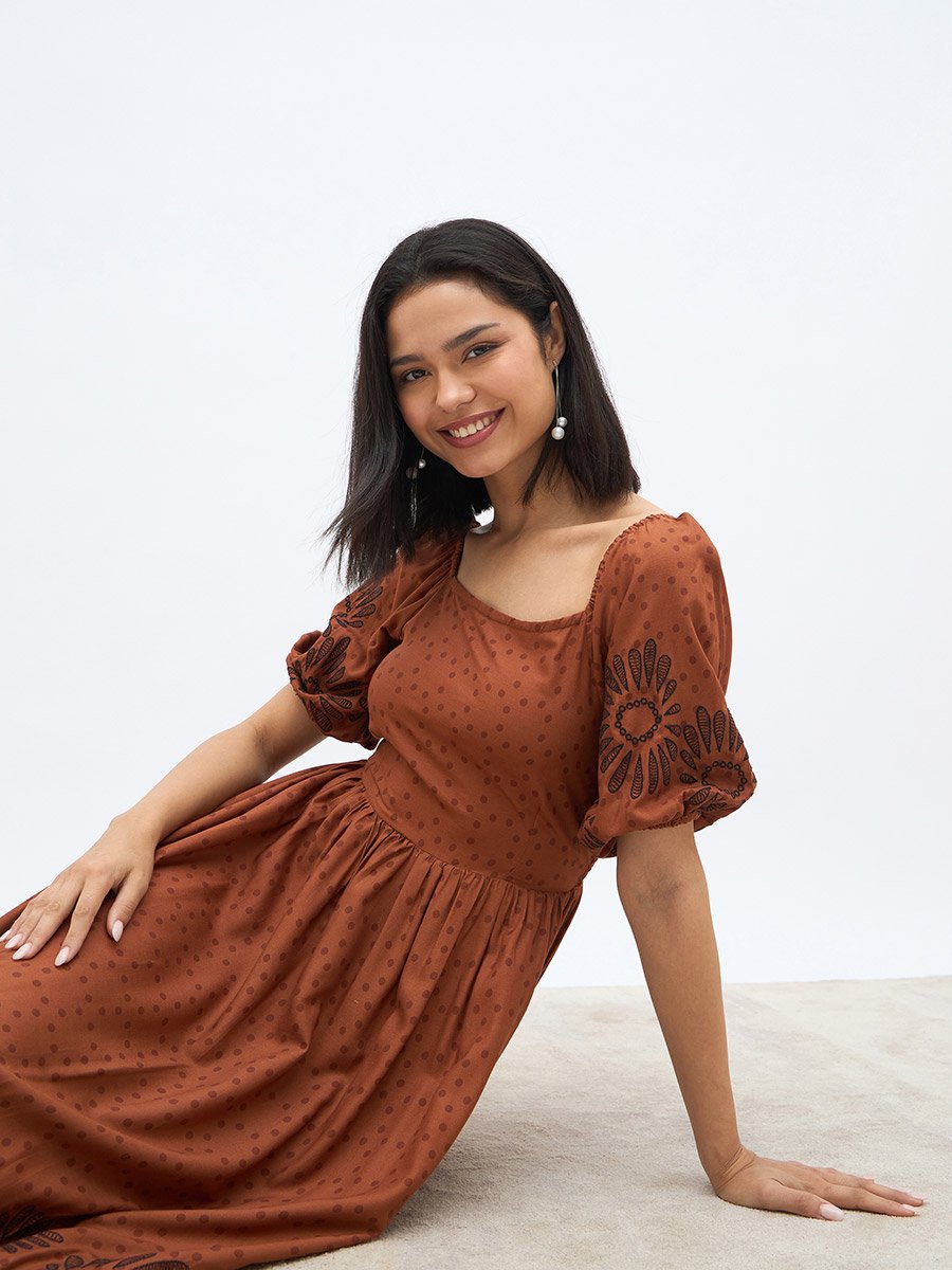 Embroidered Puff Sleeves A-Line Midi Dress