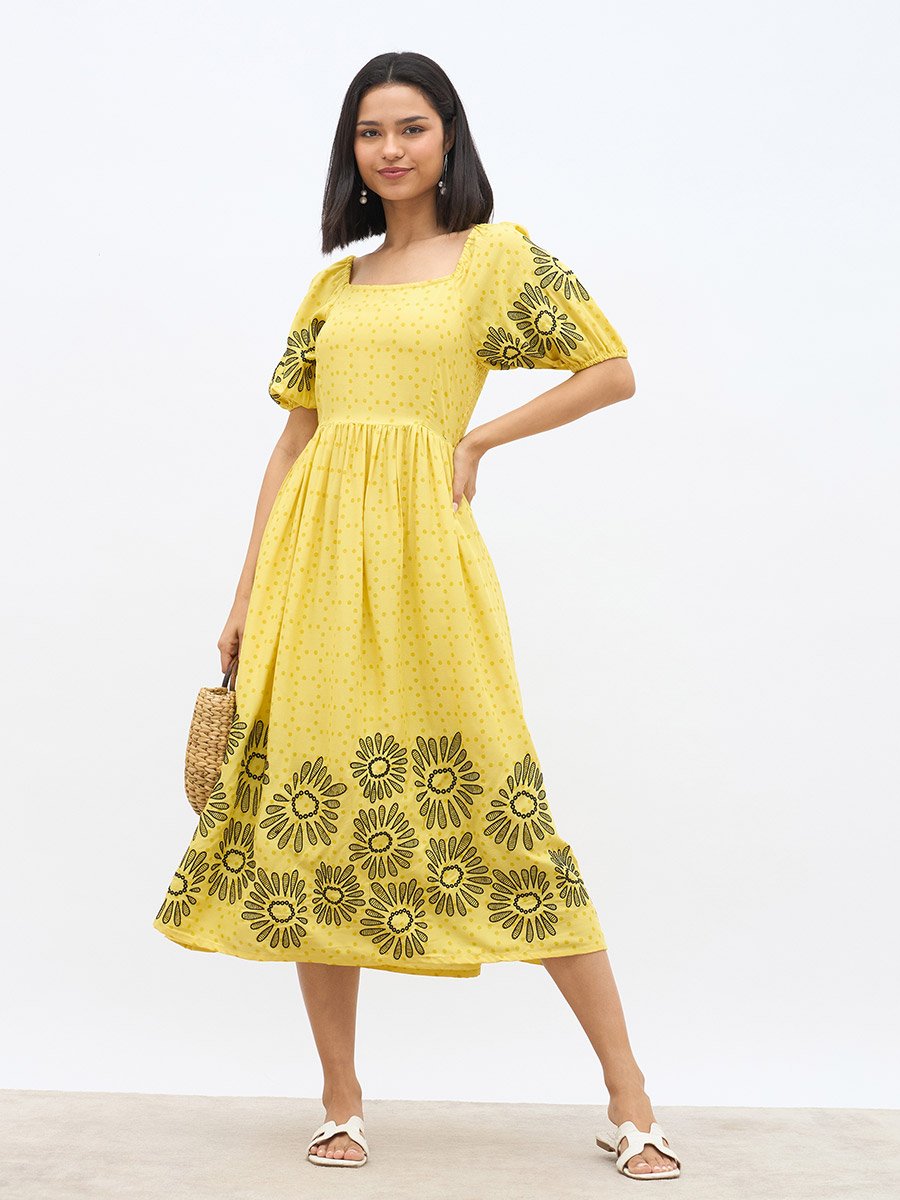 Embroidered Puff Sleeves A-Line Midi Dress