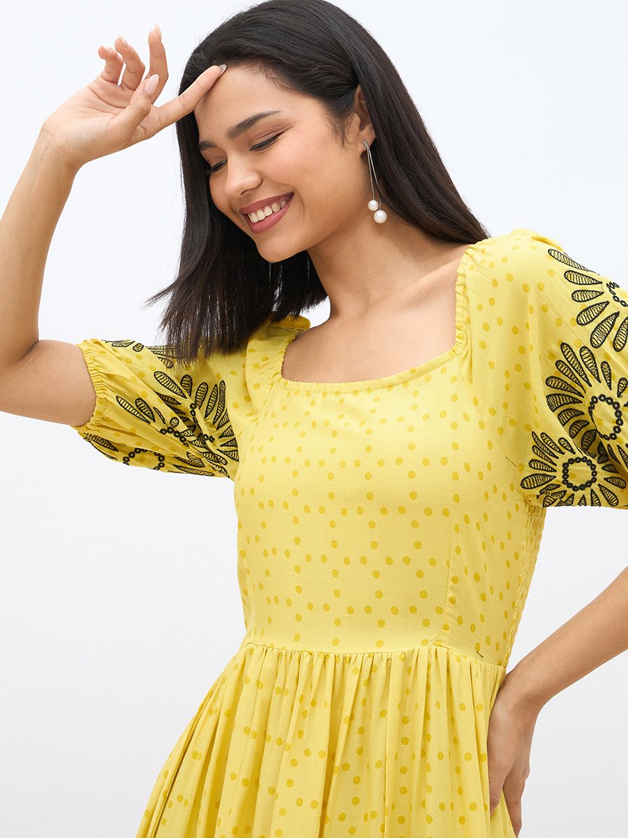 Embroidered Puff Sleeves A-Line Midi Dress