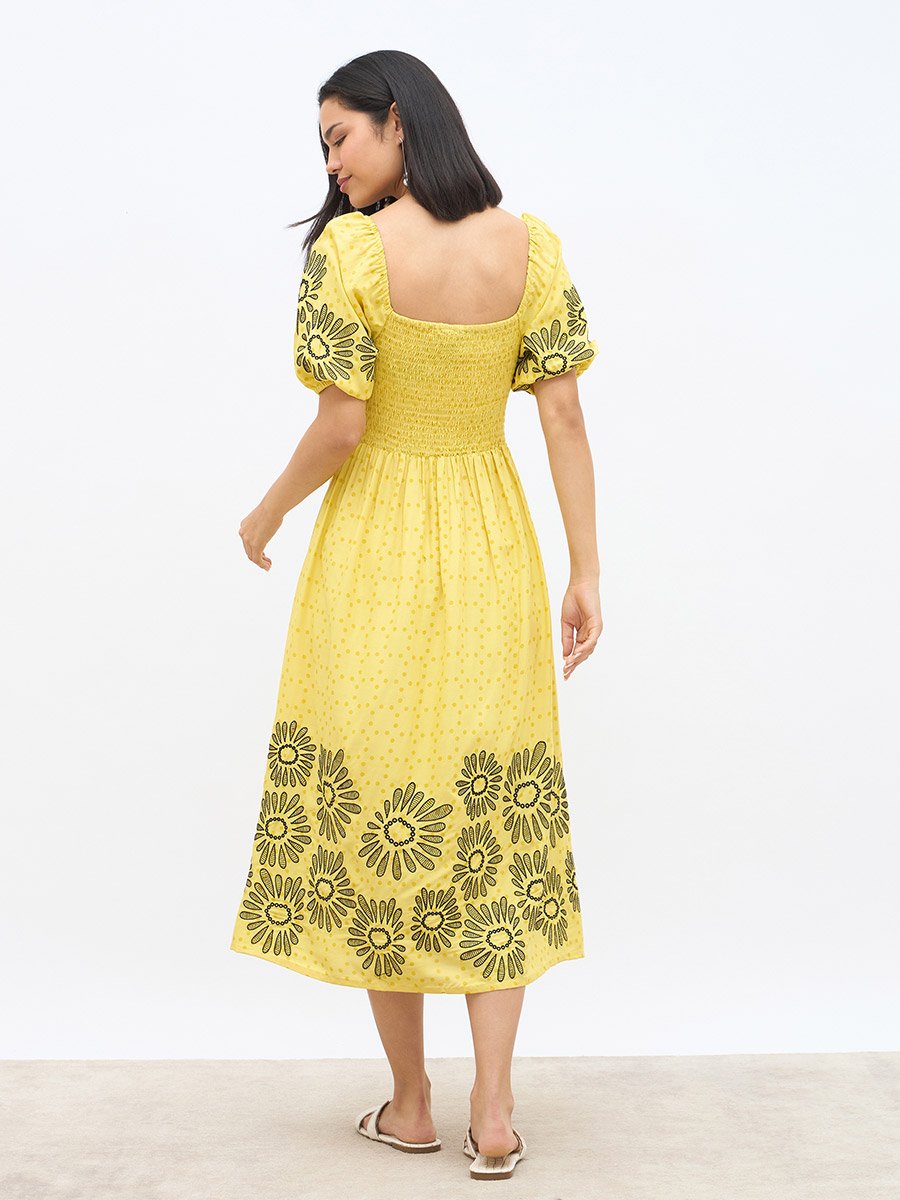 Embroidered Puff Sleeves A-Line Midi Dress