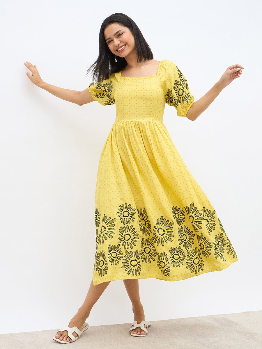 Embroidered Puff Sleeves A-Line Midi Dress