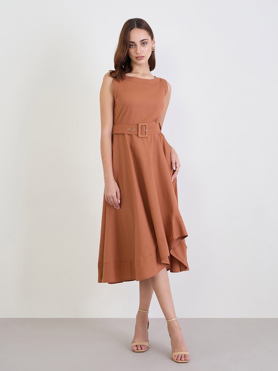 Brown Sleeveless A-Line Midi Dress