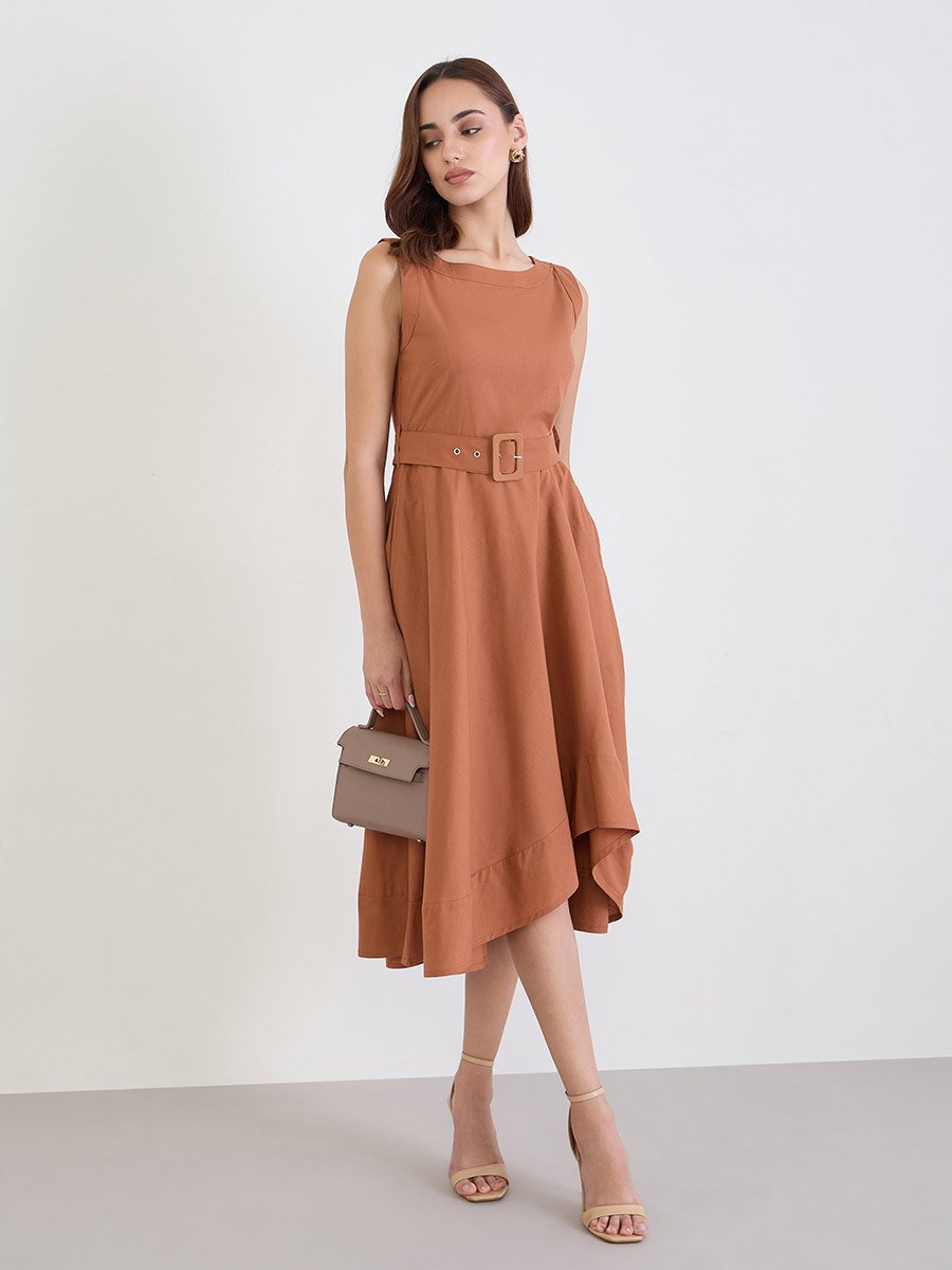 Brown Sleeveless A-Line Midi Dress
