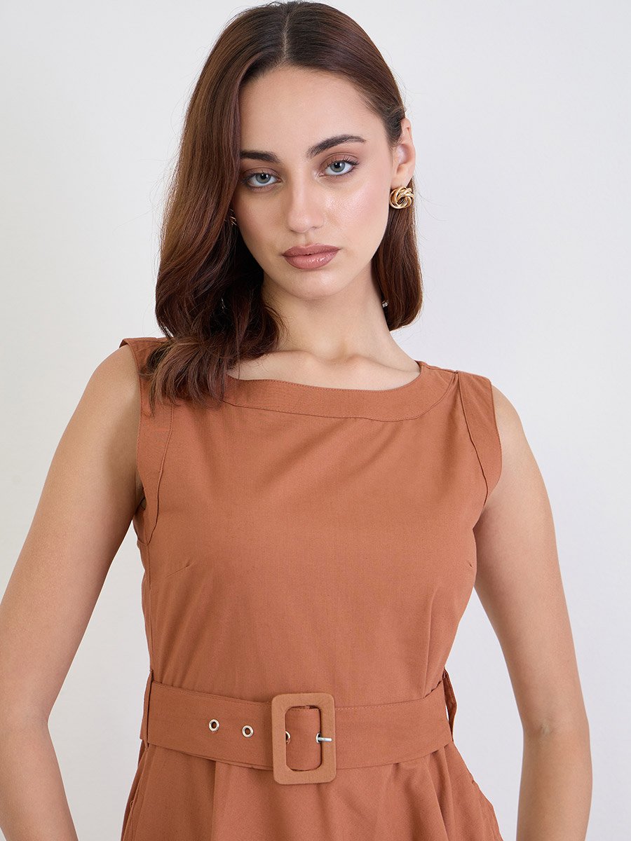 Brown Sleeveless A-Line Midi Dress
