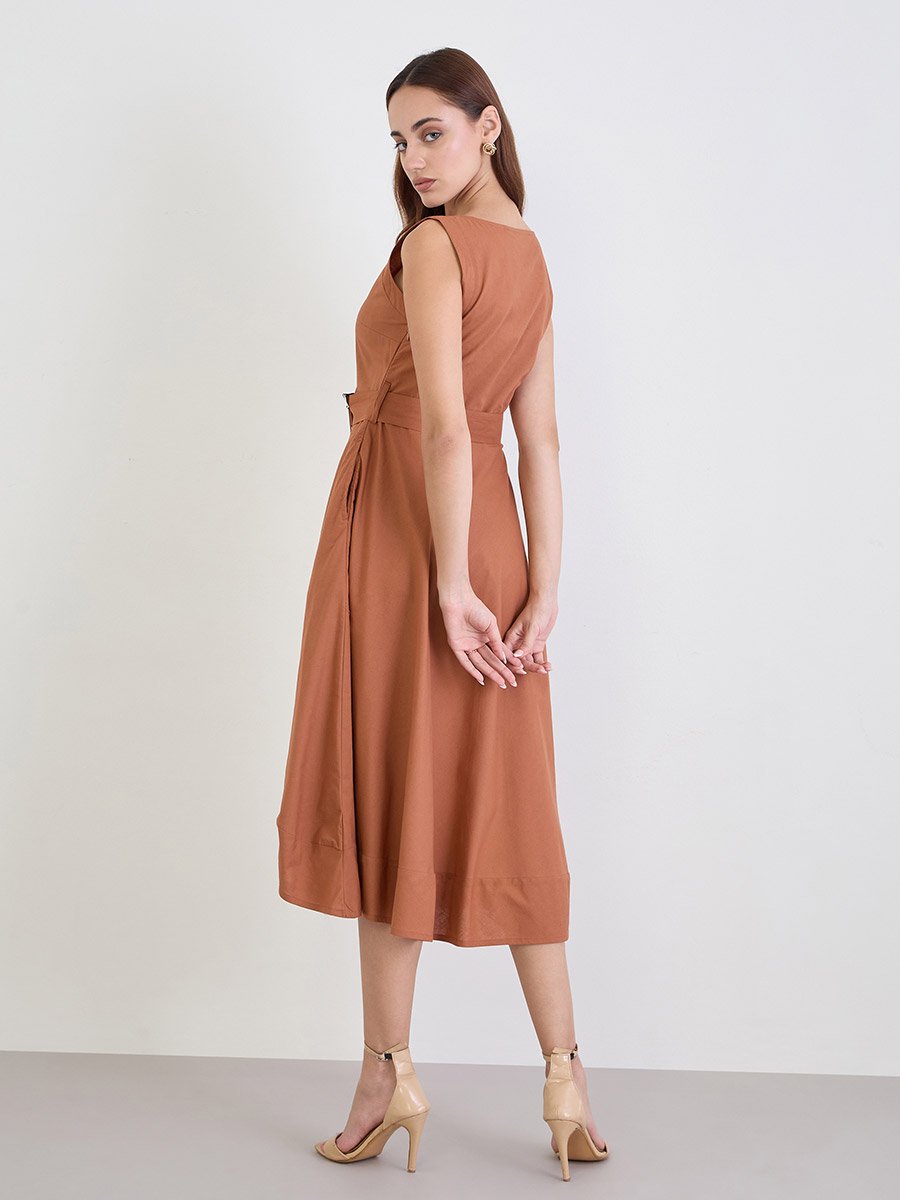 Brown Sleeveless A-Line Midi Dress