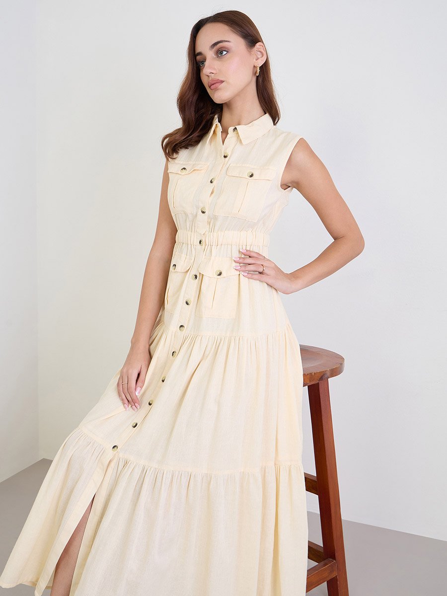 Beige Sleeveless Shirt Tiered Maxi Dress For Women at Saudi | Styli