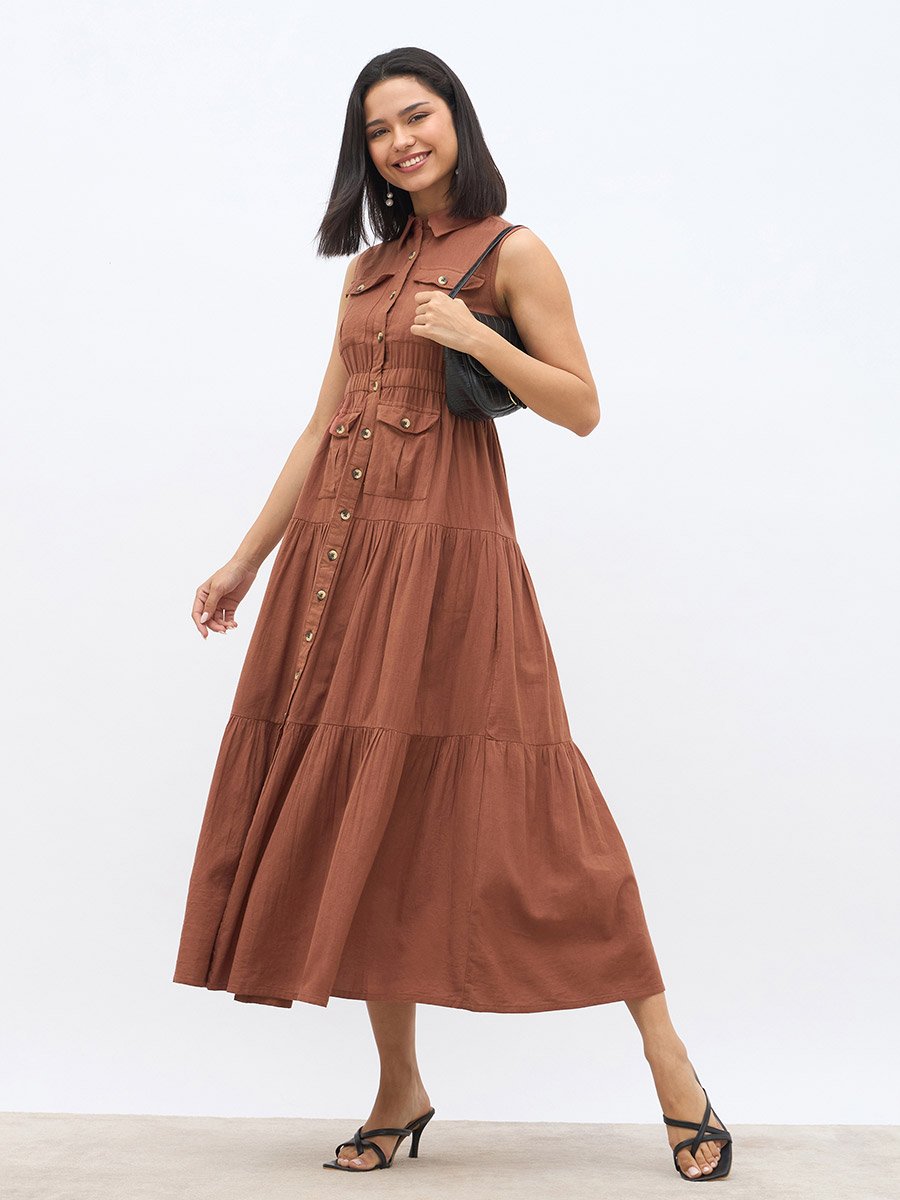 Solid Sleeveless Tiered Maxi Dress with Button Front