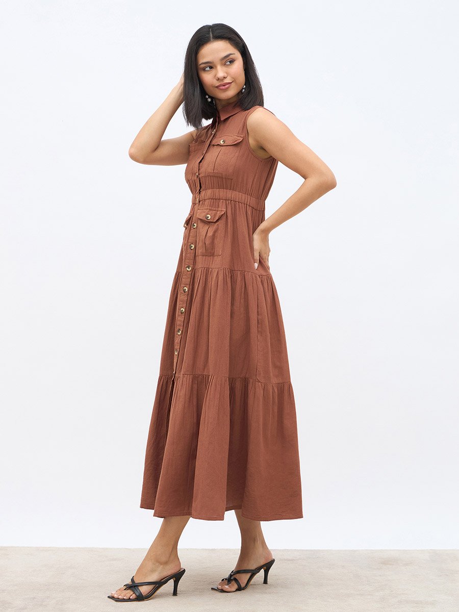 Solid Sleeveless Tiered Maxi Dress with Button Front