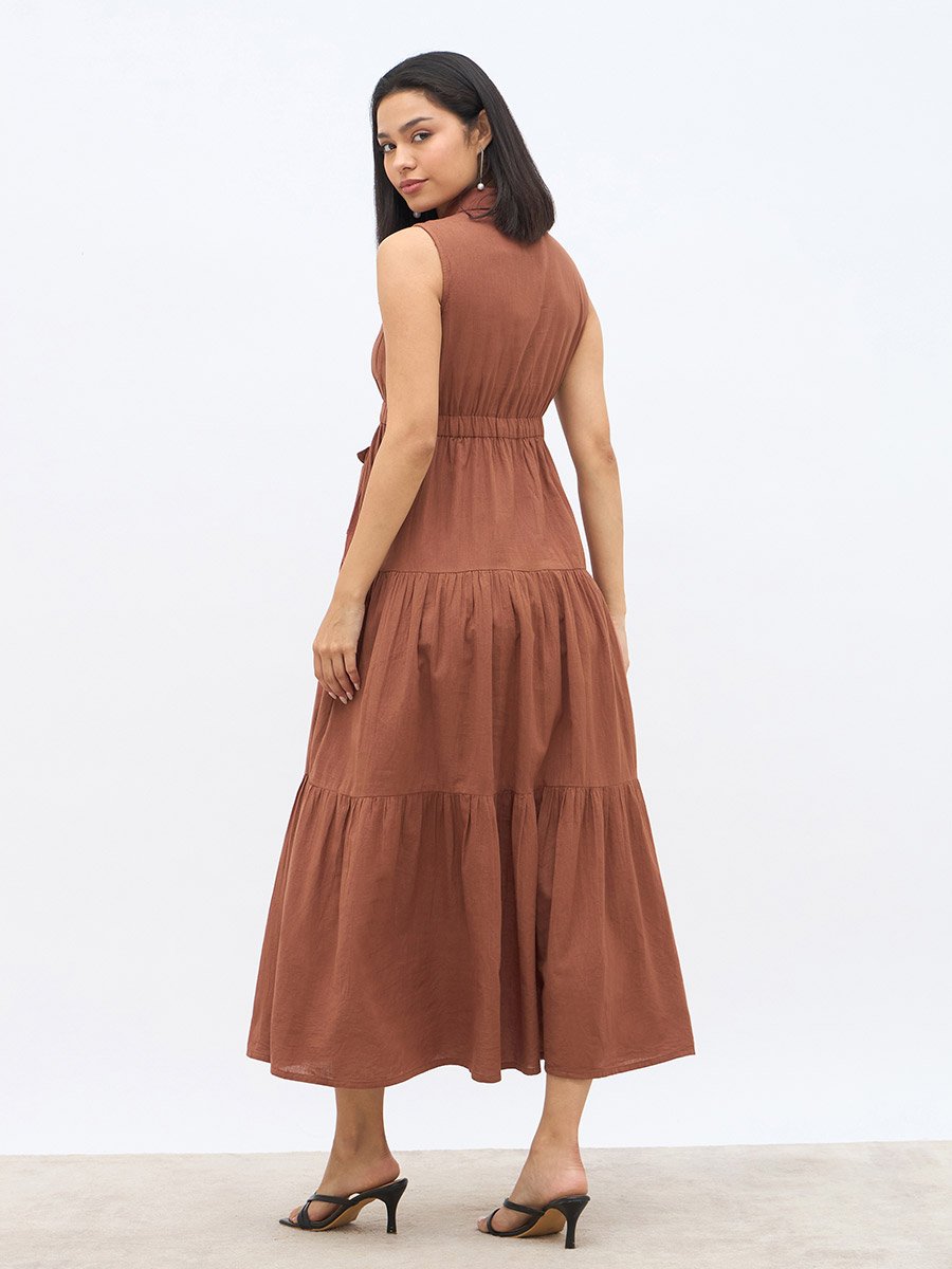 Solid Sleeveless Tiered Maxi Dress with Button Front
