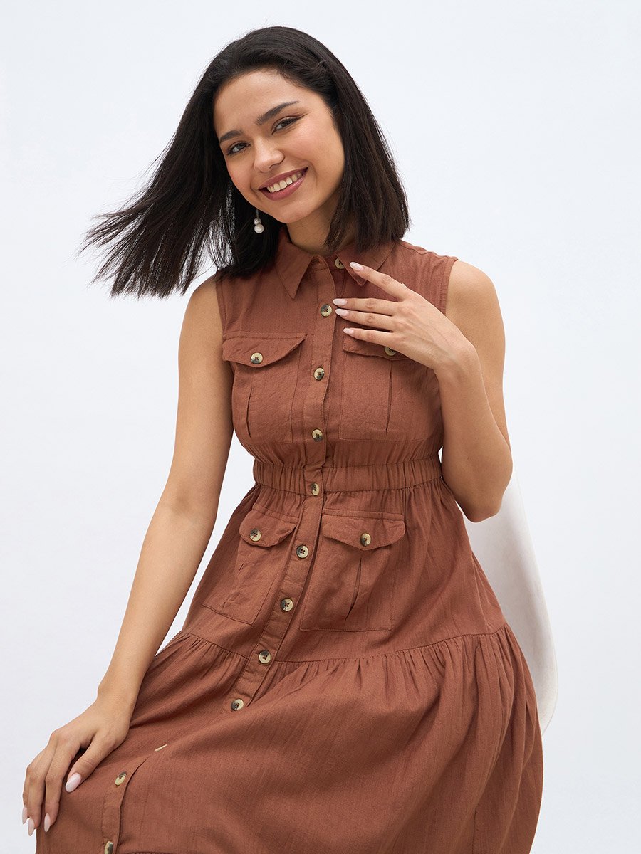 Solid Sleeveless Tiered Maxi Dress with Button Front