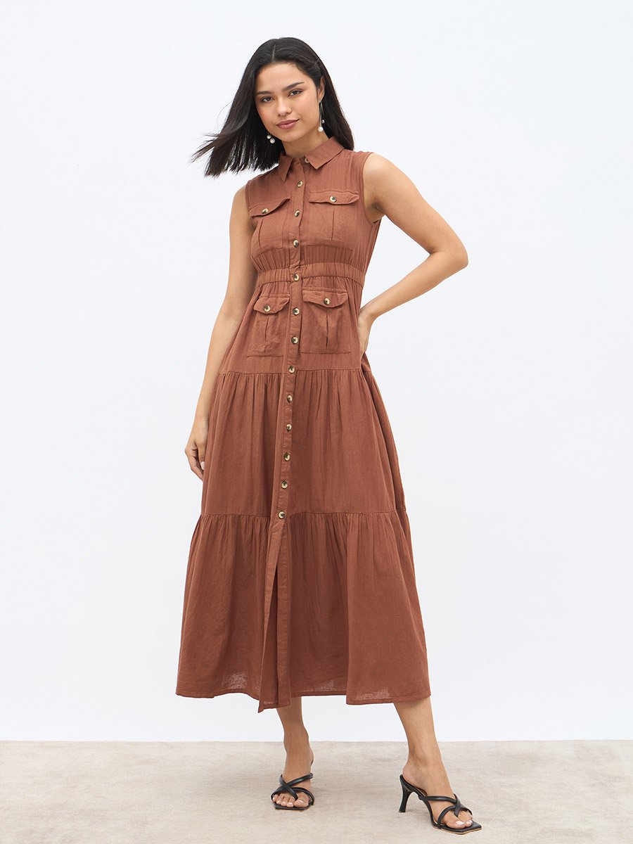 Solid Sleeveless Tiered Maxi Dress with Button Front