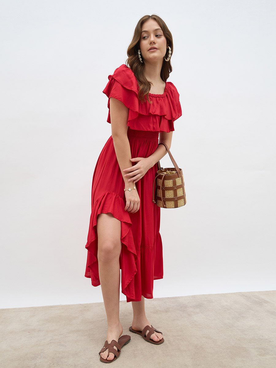 Women Red Smocked Asymmetric Hem A-Line Midi Dress For Women at Kuwait | Styli Women Red Smocked Asymmetric Hem A-Line Midi Dress For Women at Kuwait | Styli