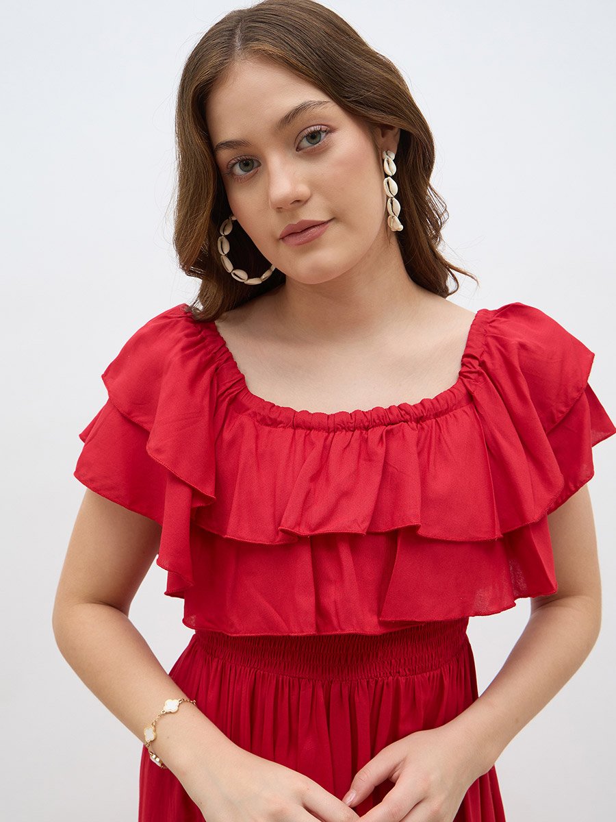 Women Red Smocked Asymmetric Hem A-Line Midi Dress For Women at Kuwait |  Styli