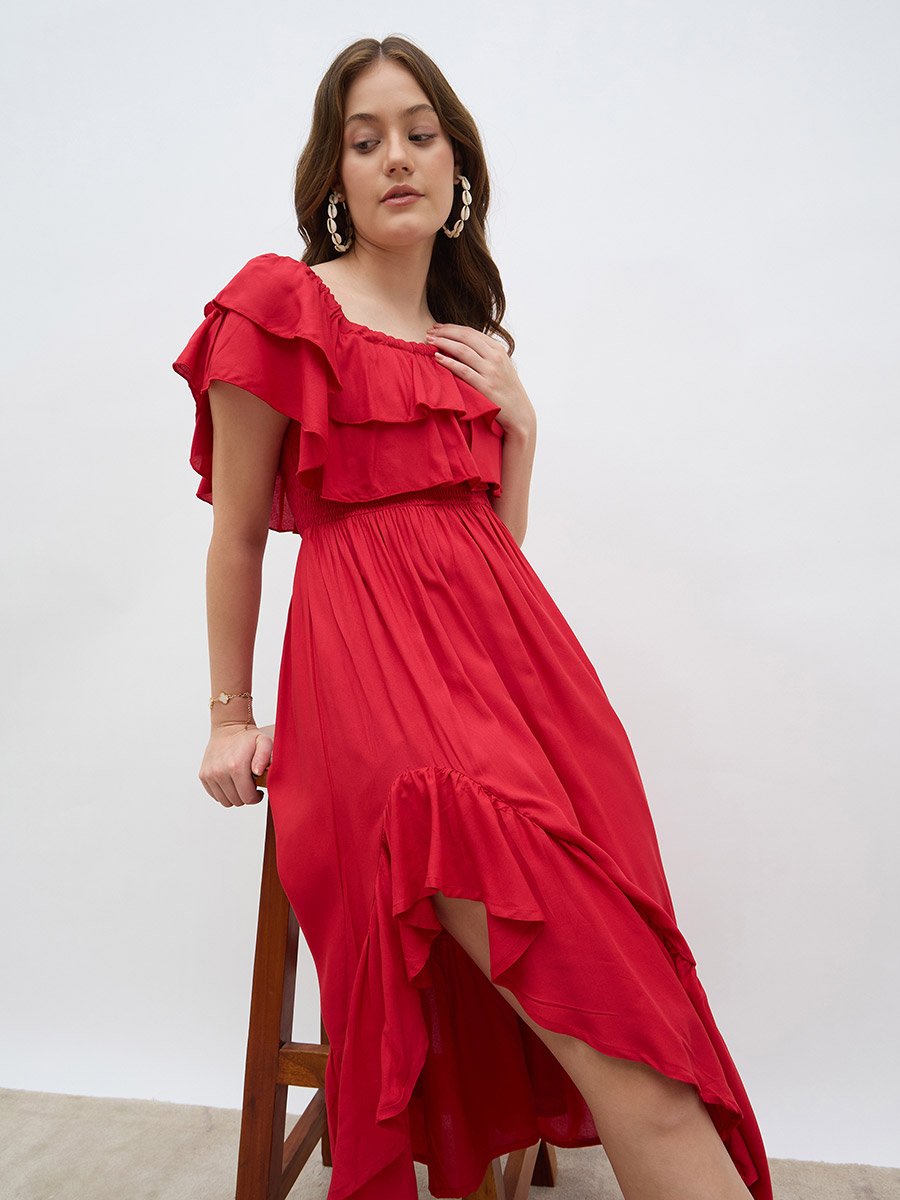 Women Red Smocked Asymmetric Hem A-Line Midi Dress For Women at Kuwait |  Styli