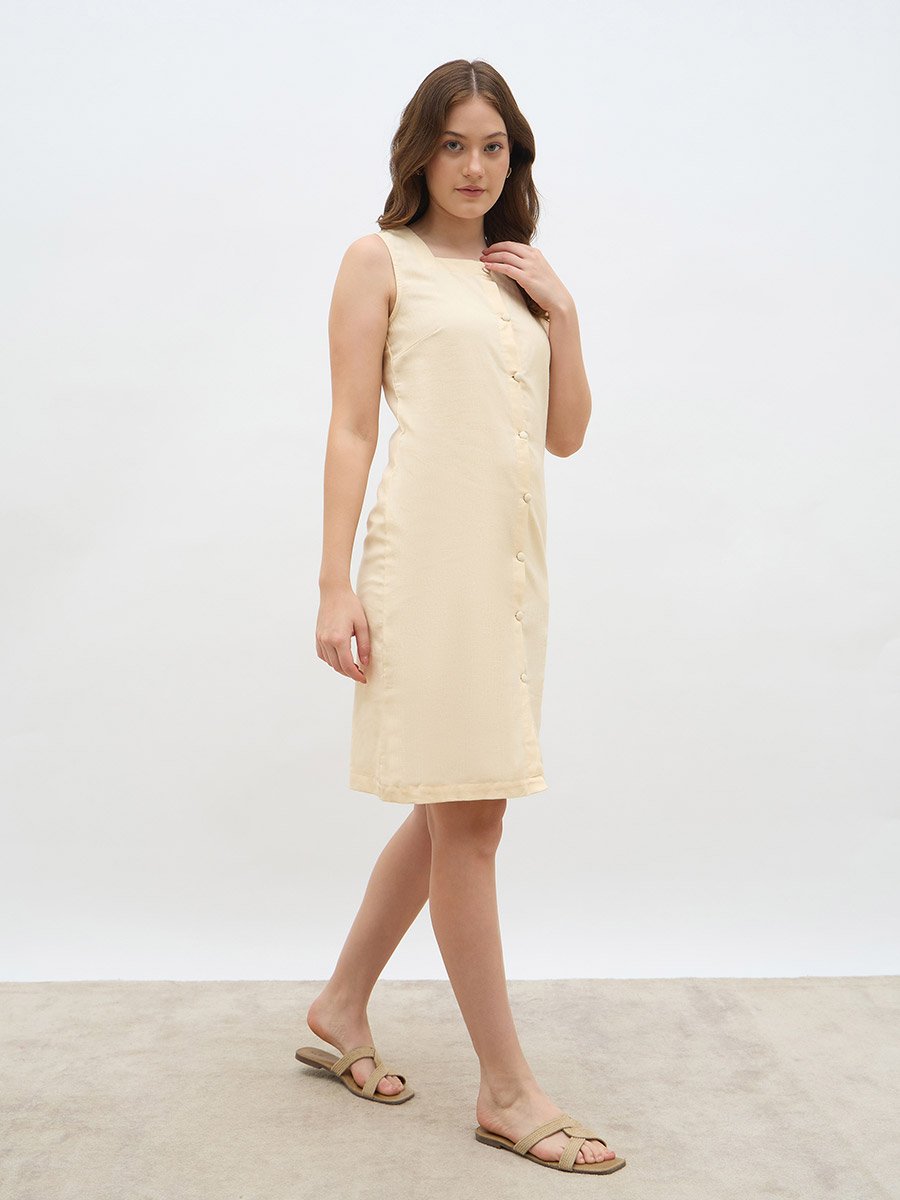 Women Beige Solid Sleeveless Shirt Knee-Length Dress