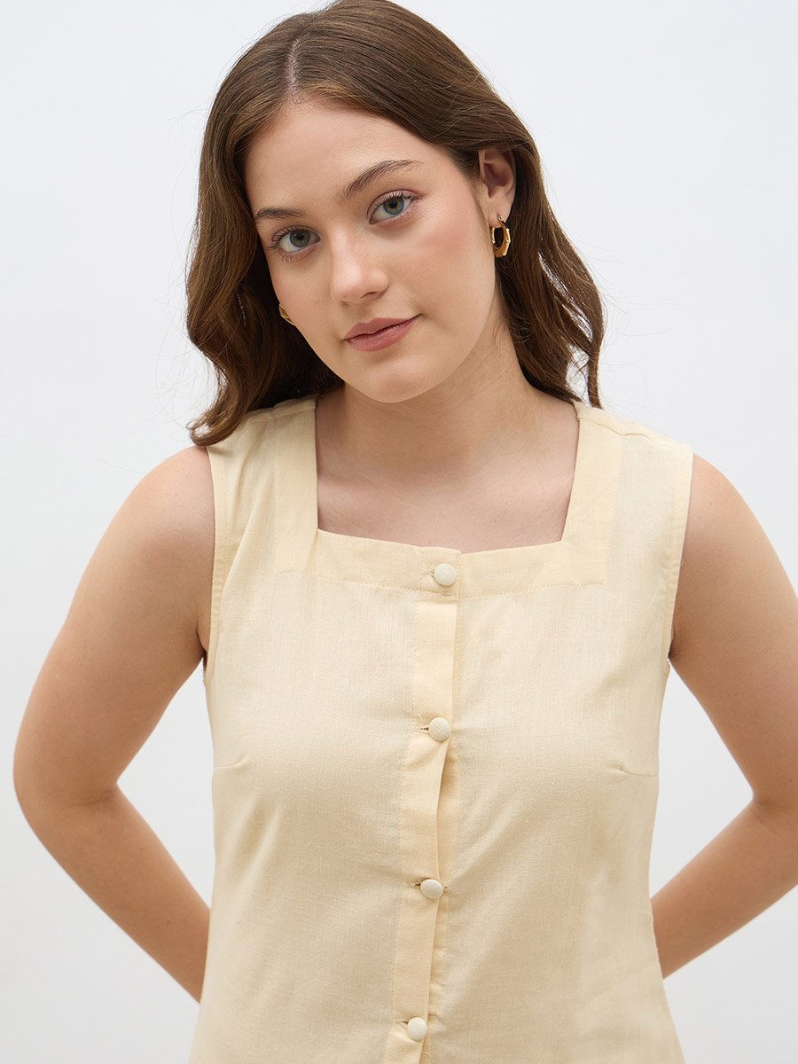 Women Beige Solid Sleeveless Shirt Knee-Length Dress