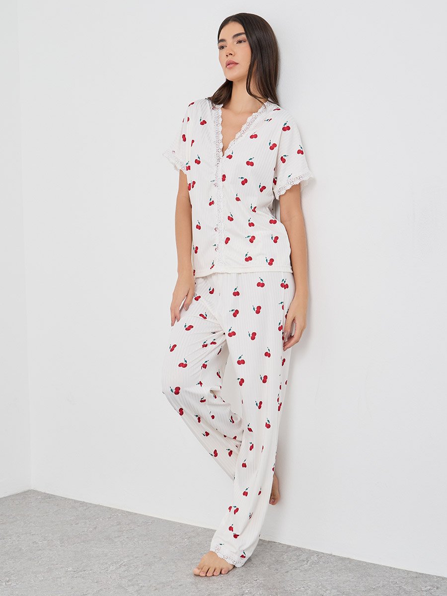 Cherry Print V Neck T-Shirt and Pyjama Set