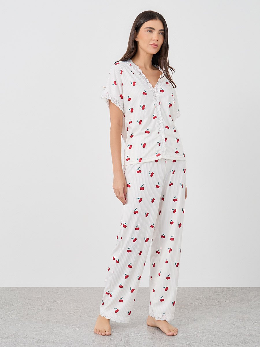 Cherry Print V Neck T-Shirt and Pyjama Set