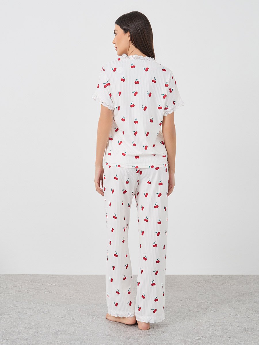 Cherry Print V Neck T-Shirt and Pyjama Set