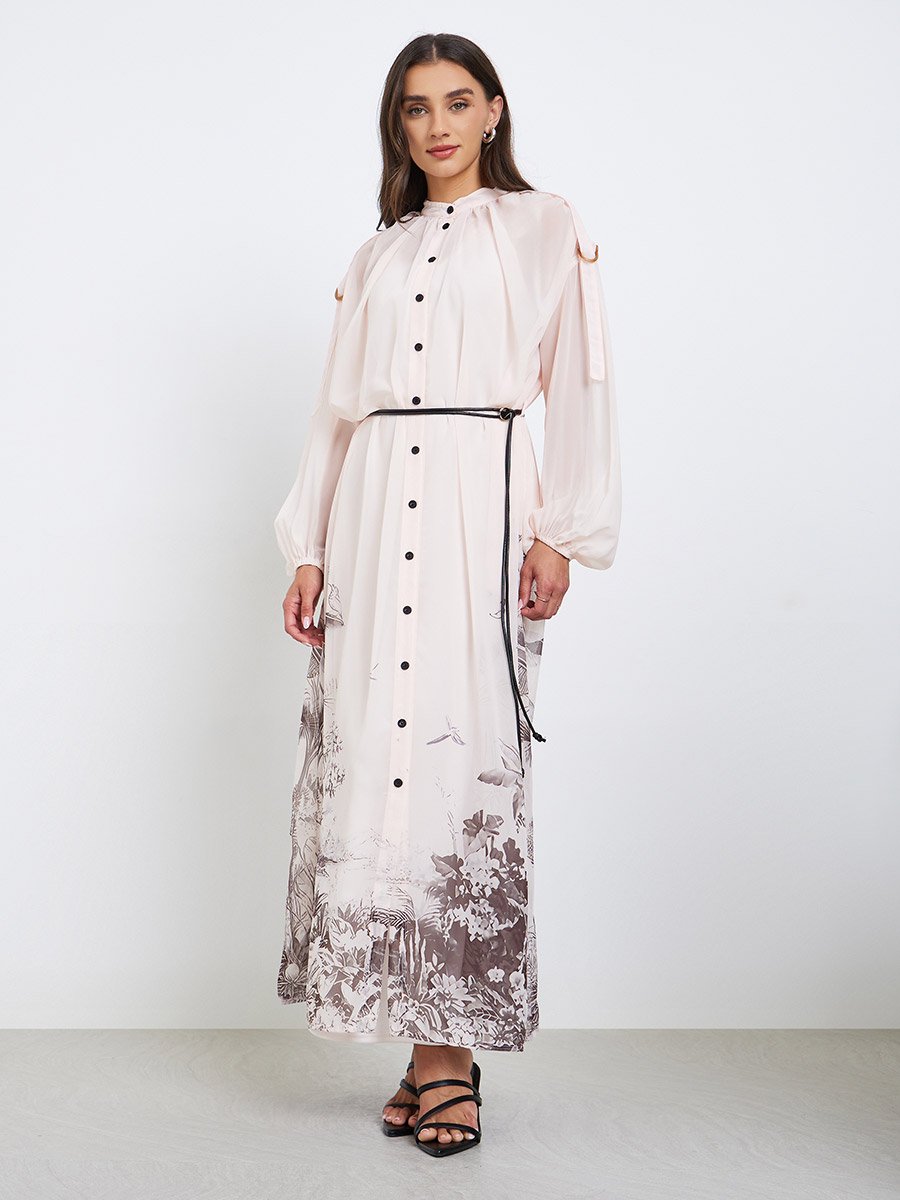 Floral Printed Balloon Sleeves Shirt Midi Dress