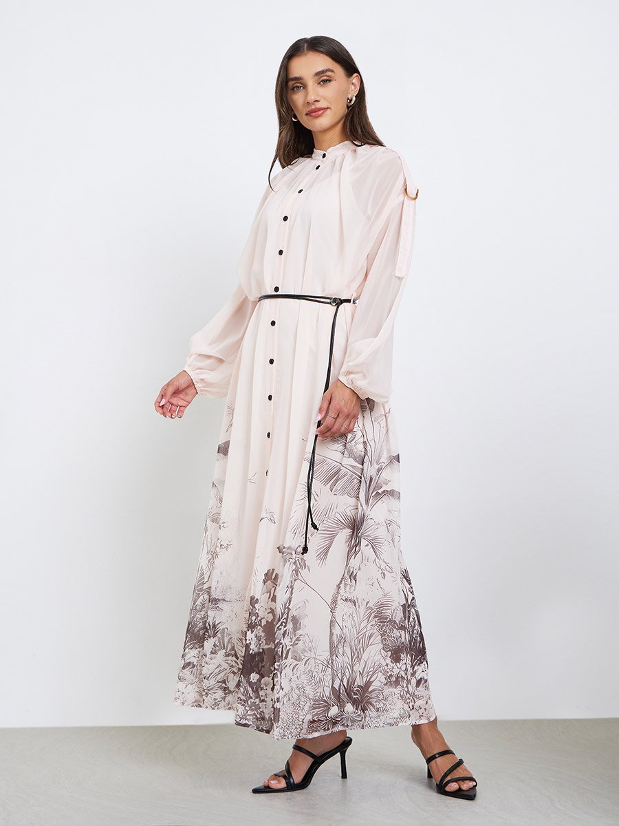 Floral Printed Balloon Sleeves Shirt Midi Dress
