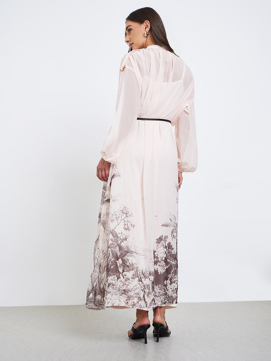 Floral Printed Balloon Sleeves Shirt Midi Dress