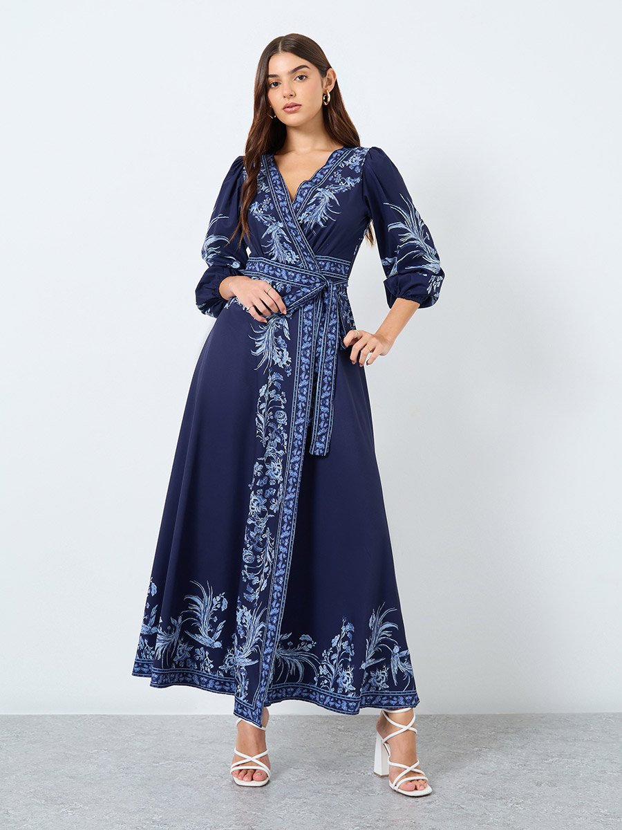 Navy Blue Floral Maxi Dress with 3/4 Sleeves For Women at UAE | Styli Navy Blue Floral Maxi Dress with 3/4 Sleeves For Women at UAE | Styli