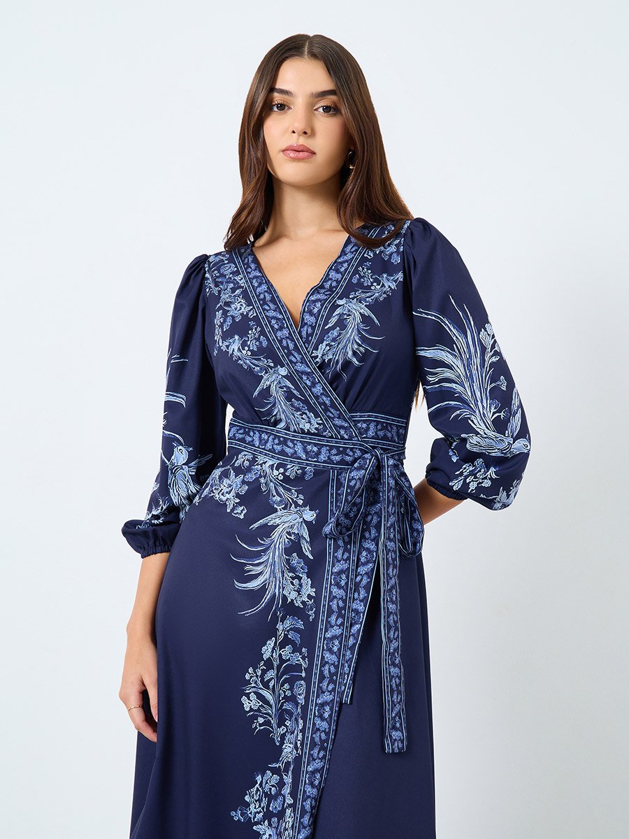 Navy Blue Floral Maxi Dress with 3/4 Sleeves