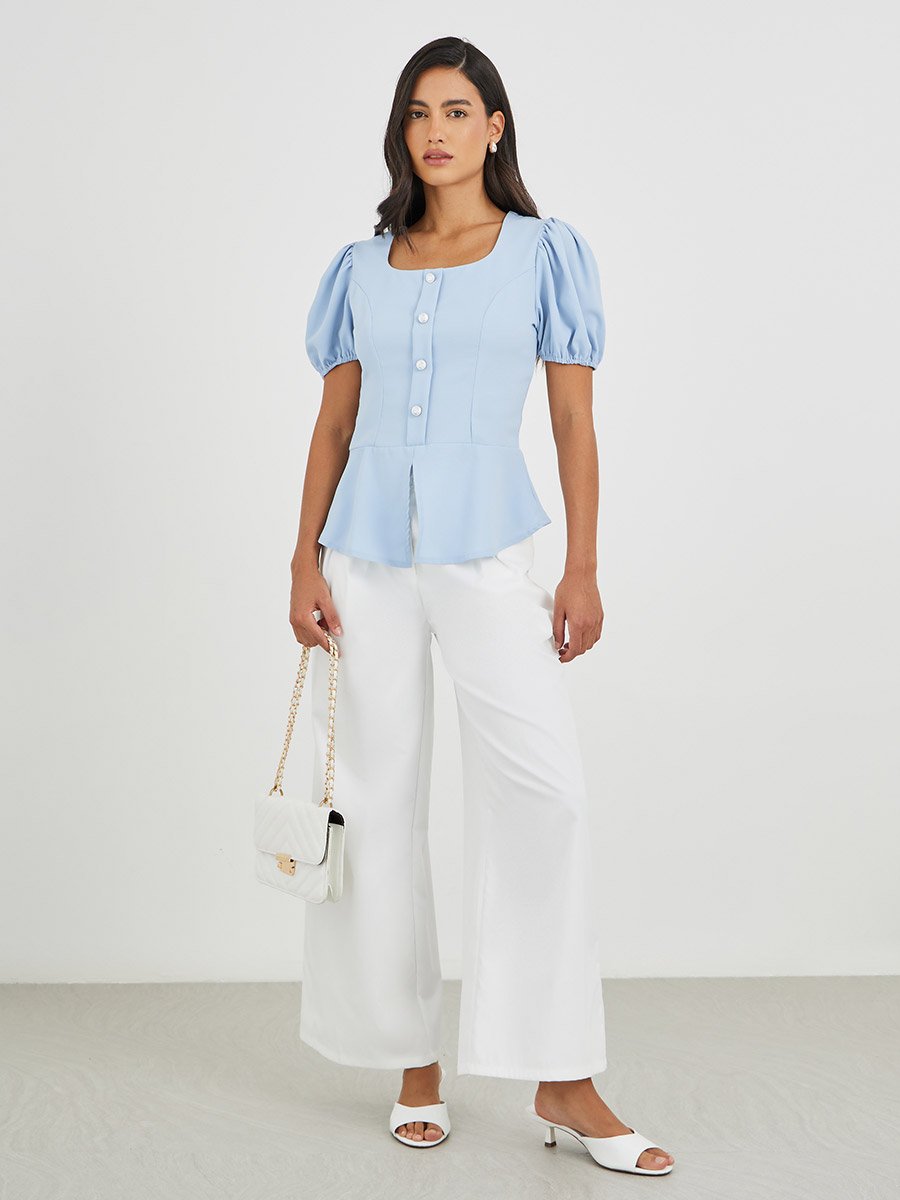 Puff Sleeve Buttoned Peplum Blouse For Women at Saudi | Styli