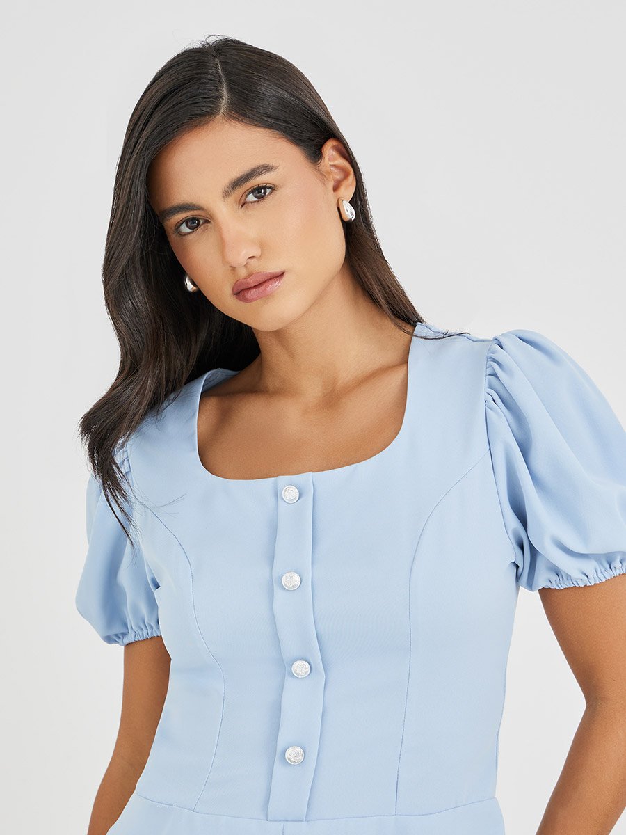 Puff Sleeve Buttoned Peplum Blouse For Women at Saudi | Styli