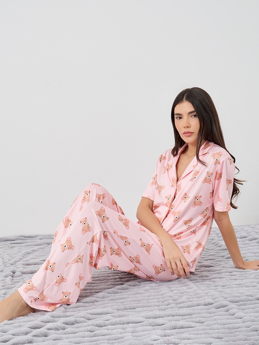 Bear Print Short Sleeve Shirt and Pyjama Set