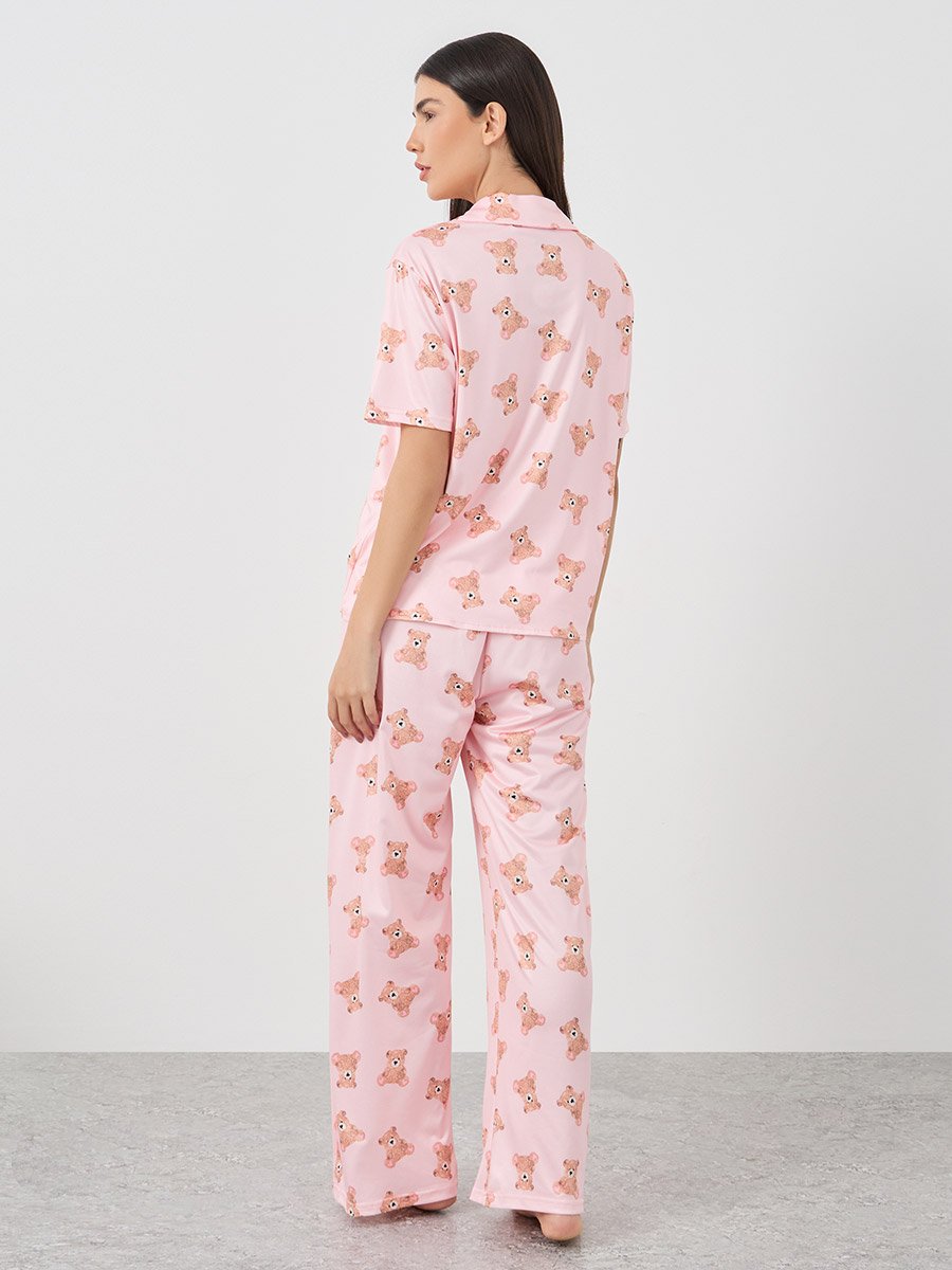 Bear Print Short Sleeve Shirt and Pyjama Set
