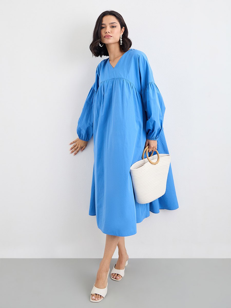 Blue Cotton Poplin Midi Dress with Volume Sleeves