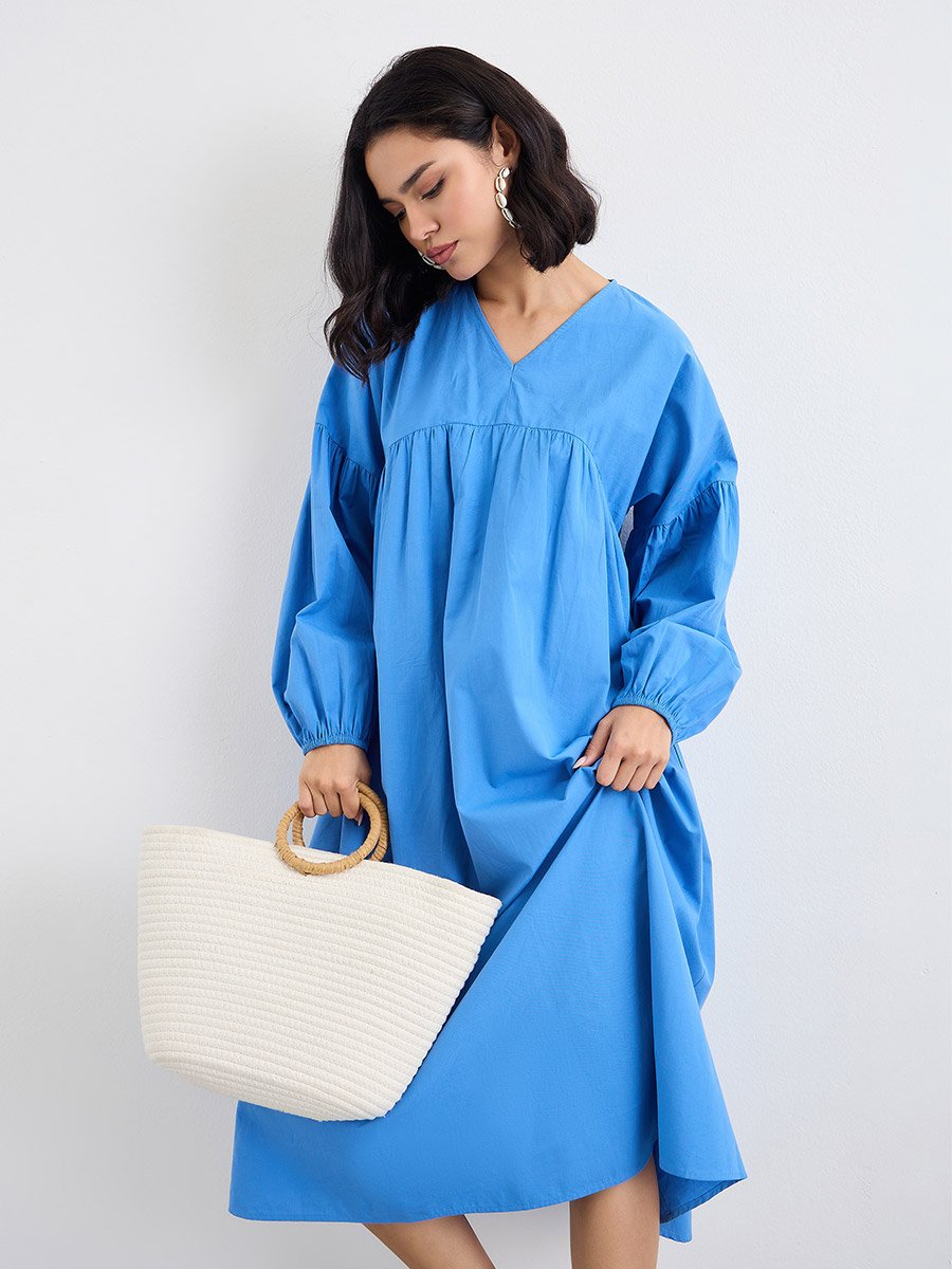 Blue Cotton Poplin Midi Dress with Volume Sleeves