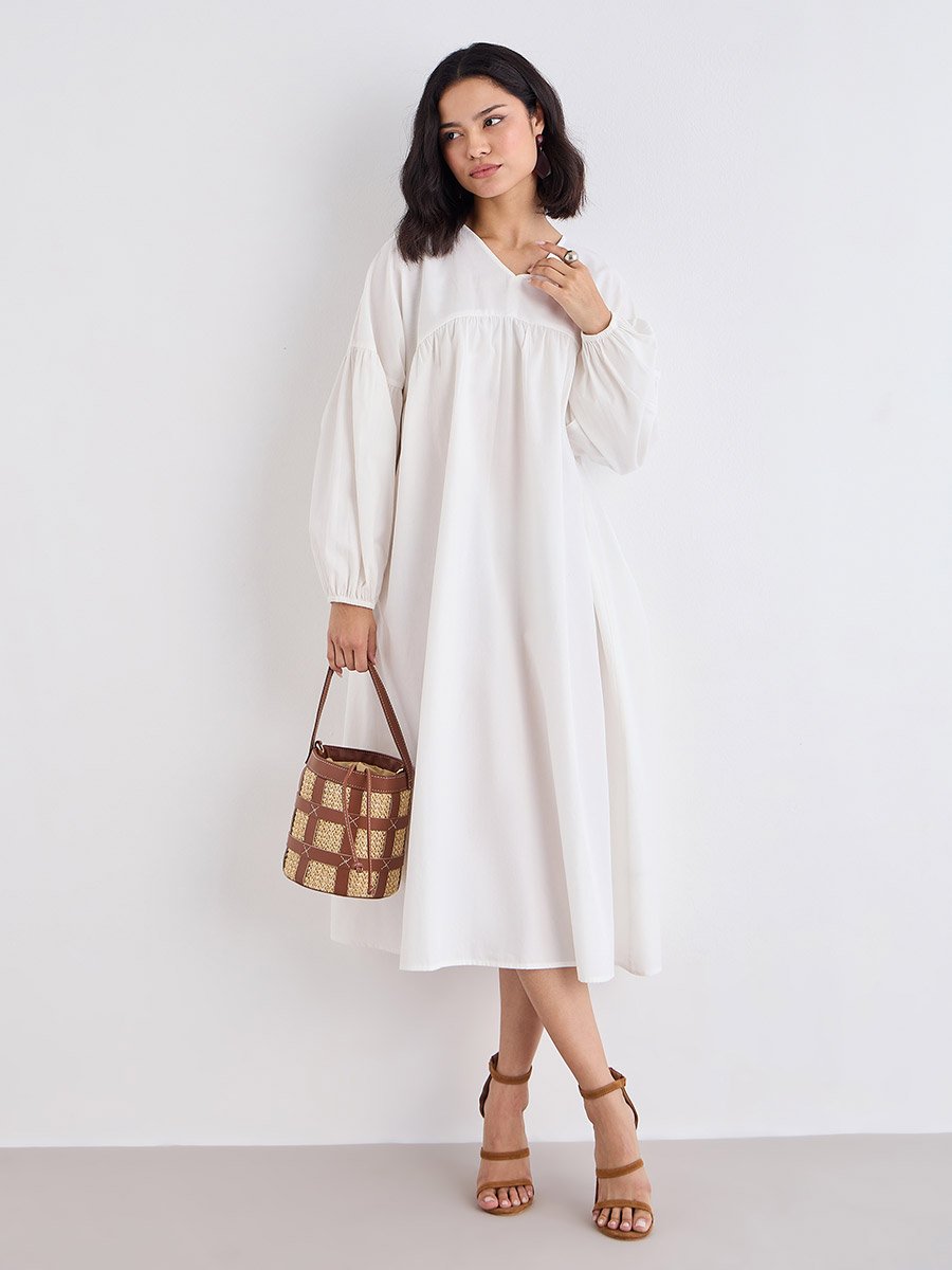 White Cotton Poplin Midi Dress with Volume Sleeves