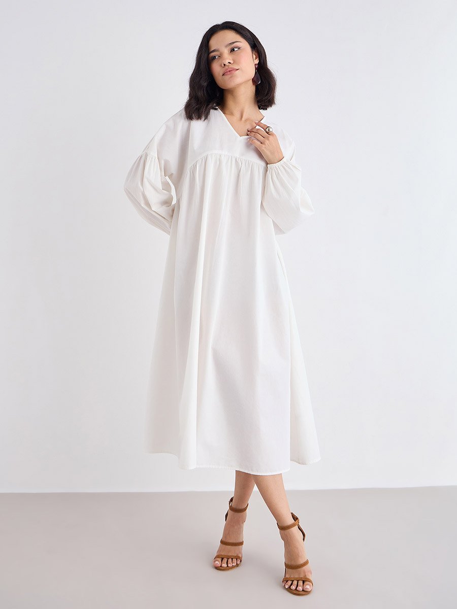White Cotton Poplin Midi Dress with Volume Sleeves